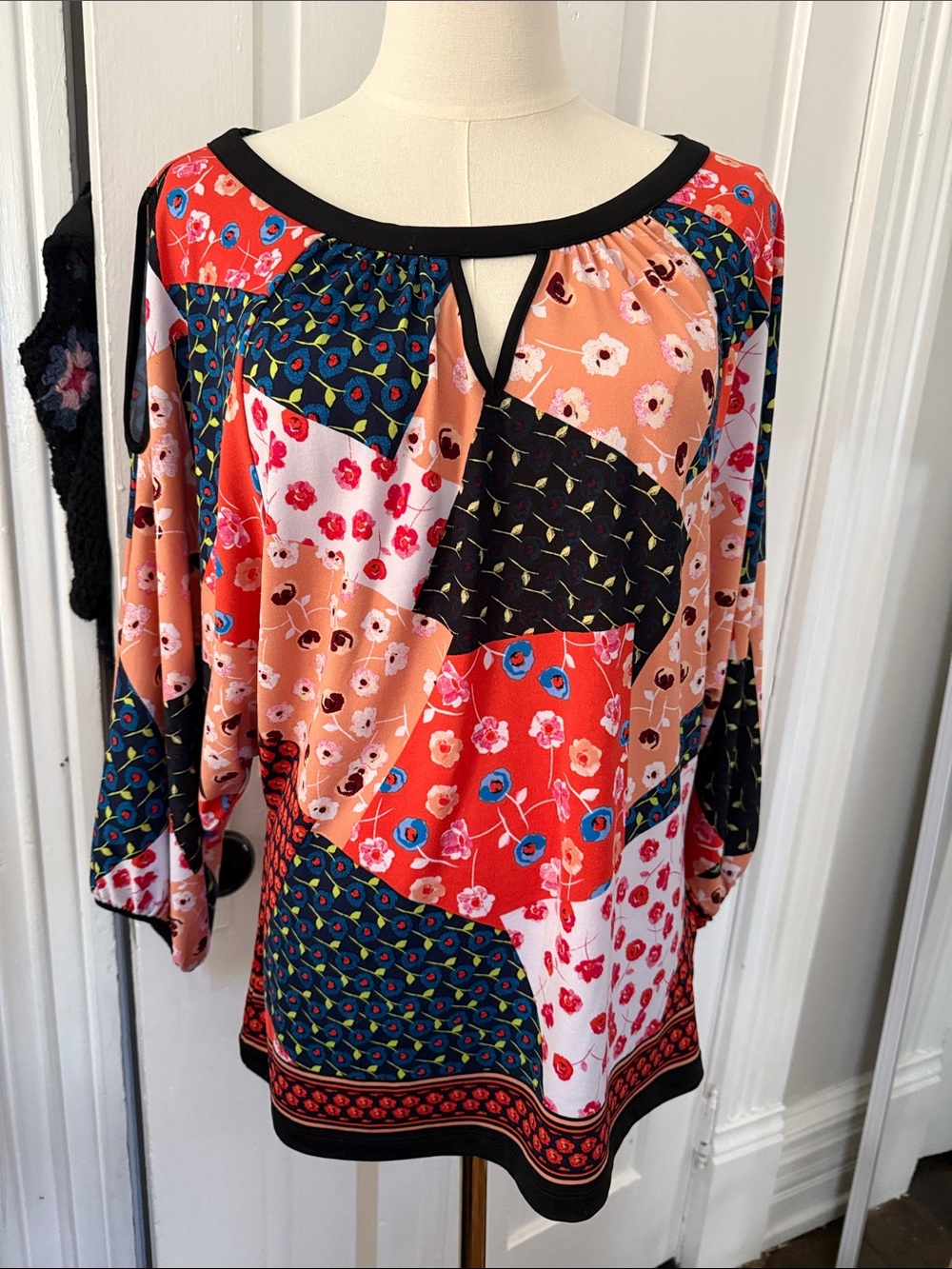 ECI Multicolor Floral Patchwork Keyhole Tunic - Red, Navy, Peach, Black, Cream